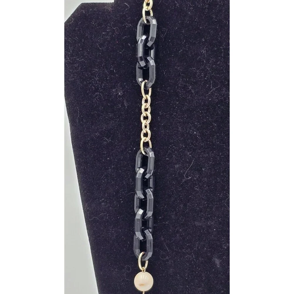 Ann Taylor Gold Tone Chain Necklace w/ Black White Beads & Rhinestone Accents